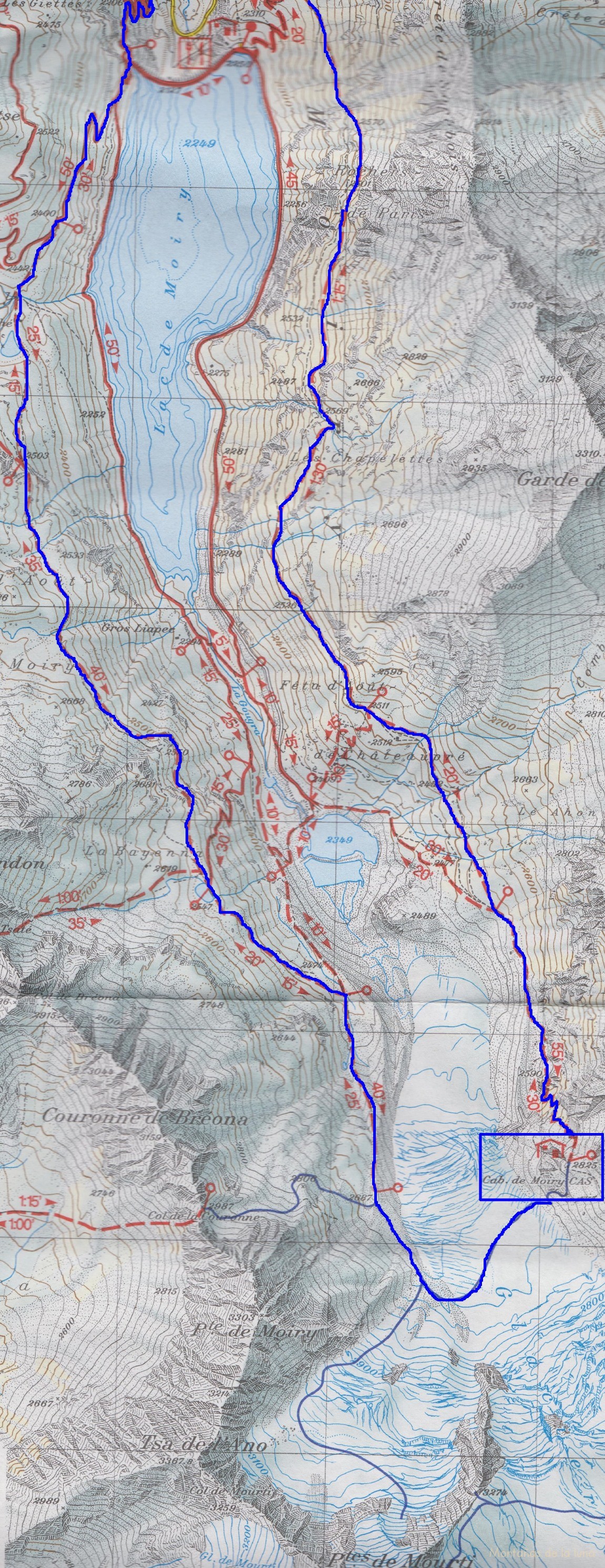 Croquis del recorrido de la 3º Etapa del Tour de la Val d’Anniviers con la subida por la traza de la derecha a la Cabaña de Moiry. Y de la 4º Etapa (Cabaña de Moiry-Mayoux) con el descenso desde la Cabaña de Moiry por la traza de la izquierda.